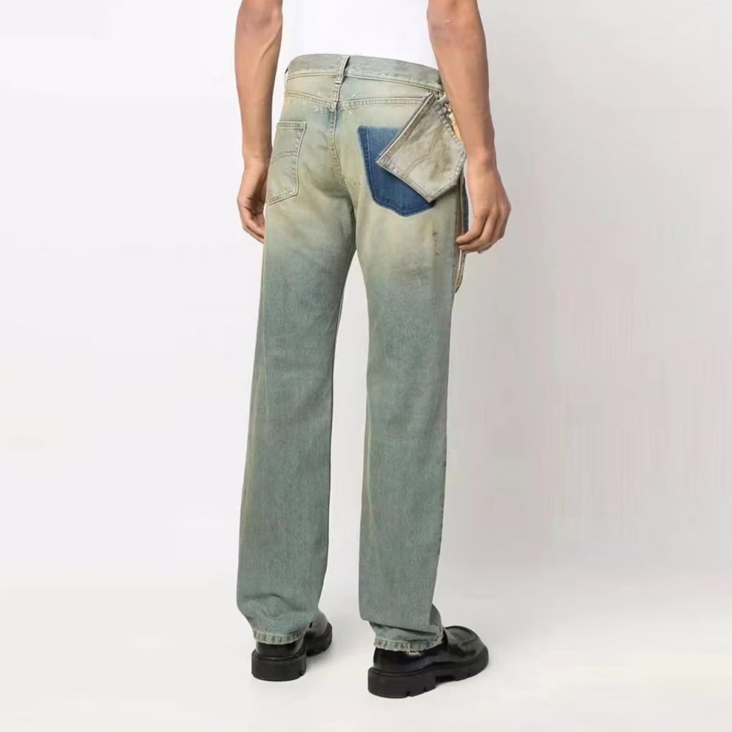 Men's New Product Water Wash Speckled Ink Chain Blue Denim Pants