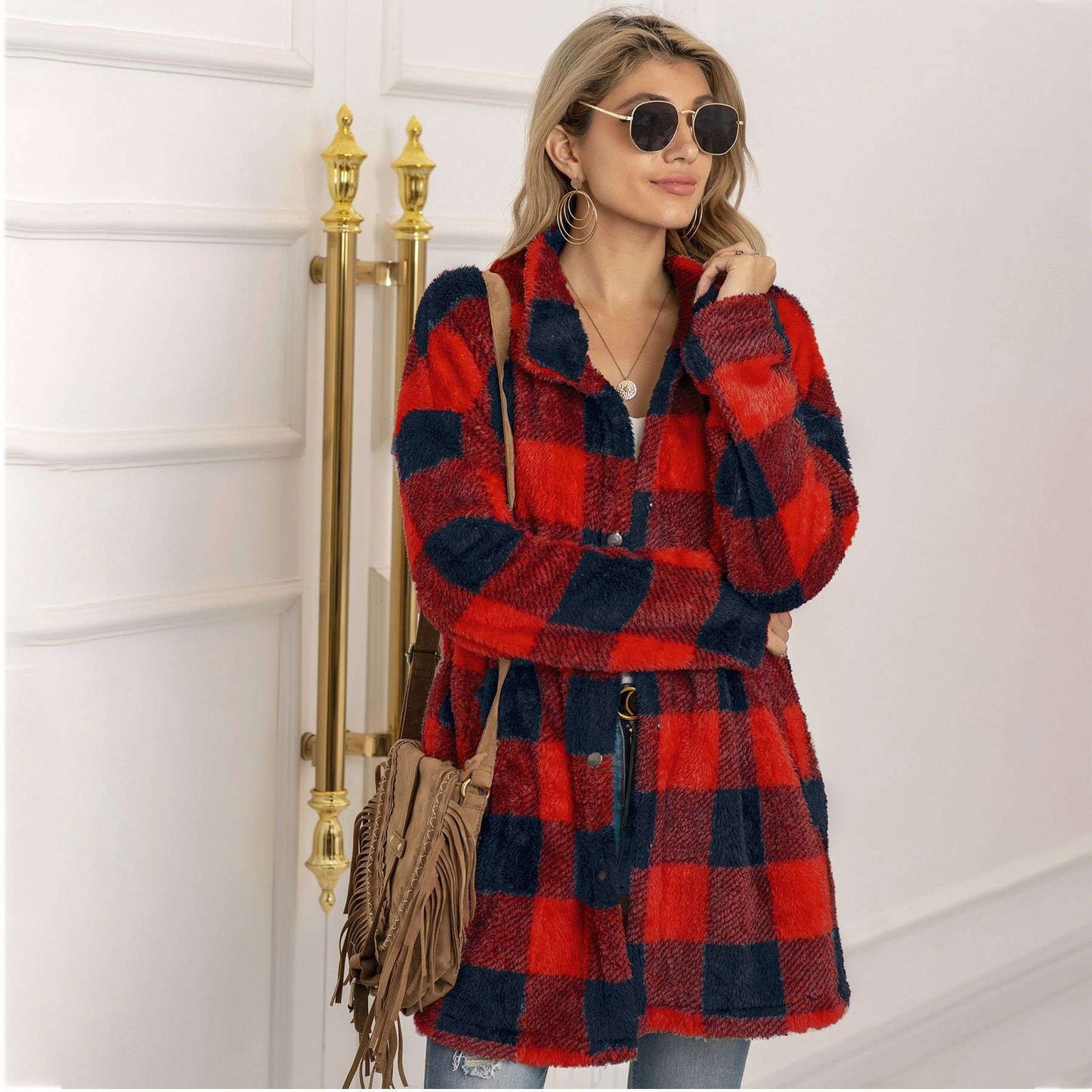 Colorblock Plaid Fleece Jacket Fashion Single Breasted Long Jacket Women's Clothing - globaltradeleader