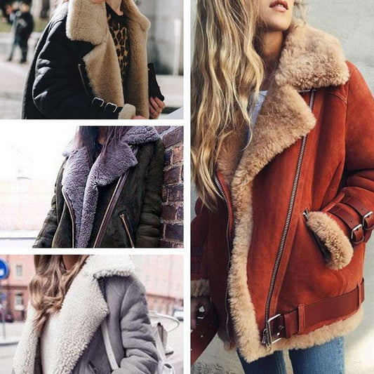 Motorcycle Deerskin Velvet Lamb Coat Women's Lapel Fur Cotton Coat