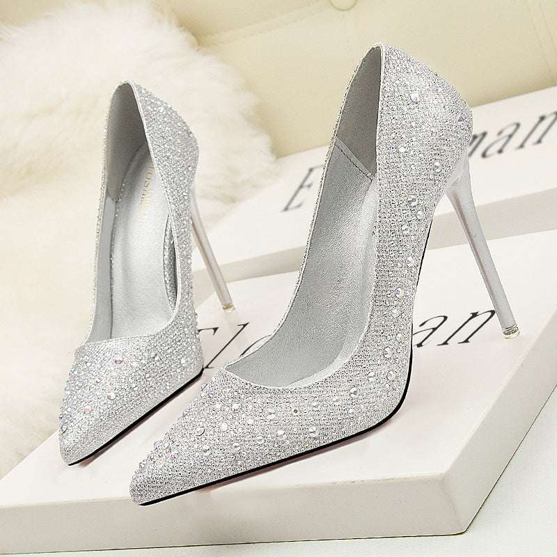 Korean Fashion Sweet And Elegant Thin Heel High Heel Shallow Mouth Thin Pointed Colored Diamond Rhinestone Wedding Shoes