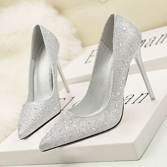 Korean Fashion Sweet And Elegant Thin Heel High Heel Shallow Mouth Thin Pointed Colored Diamond Rhinestone Wedding Shoes