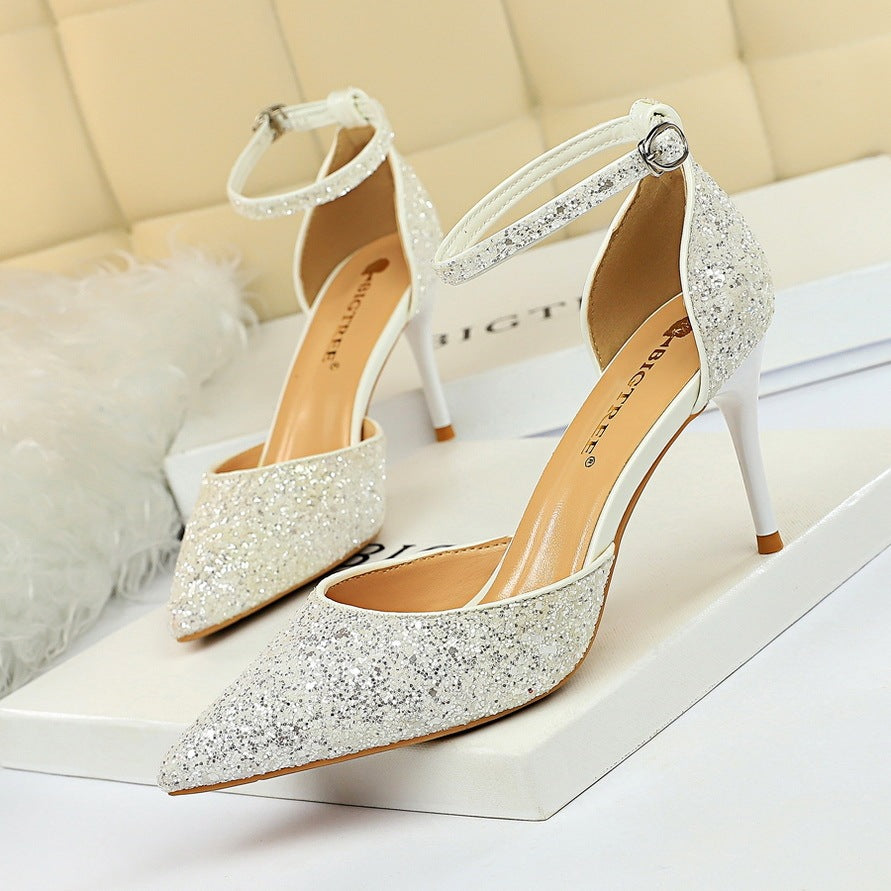 European and American style stiletto high-heeled shallow mouth pointed toe hollow sequin sexy nightclub slimming word with female sandals - globaltradeleader