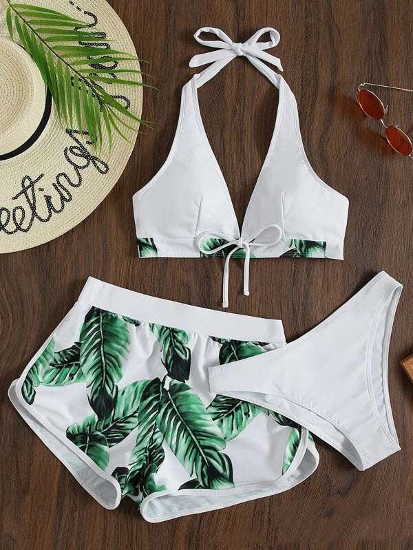 3pcs Leaf Print Bikini With Shorts Fashion Summer Beach Swimsuit Womens Clothing - globaltradeleader