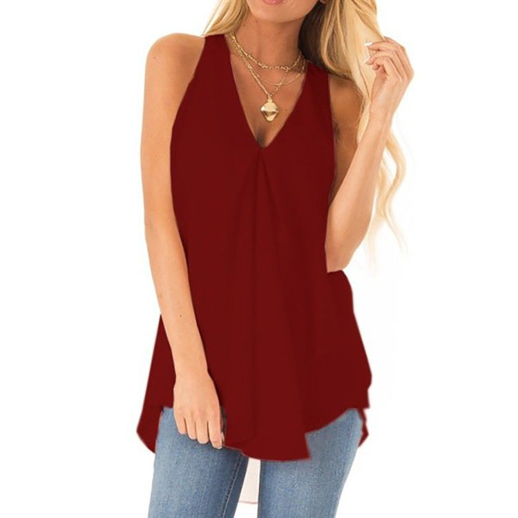 Summer Style Hem Loose Sleeveless Solid Color Top Chiffon Shirt
