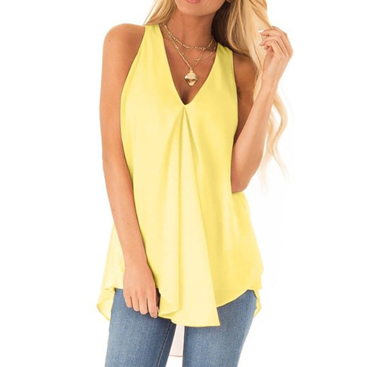 Summer Style Hem Loose Sleeveless Solid Color Top Chiffon Shirt