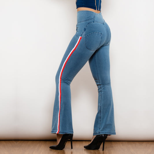 Shascullfites Melody Light Blue Flare Jeans Stretch Skinny Ripped Jeans With White&Red Stripe Side Scrunch Bum Pants