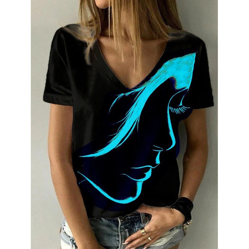Fashion Women's Wear Abstract Portrait T-shirt Print Summer V-neck Shirt - globaltradeleader