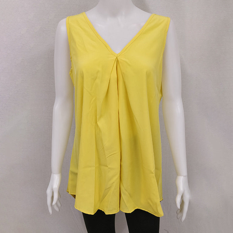 Summer Style Hem Loose Sleeveless Solid Color Top Chiffon Shirt