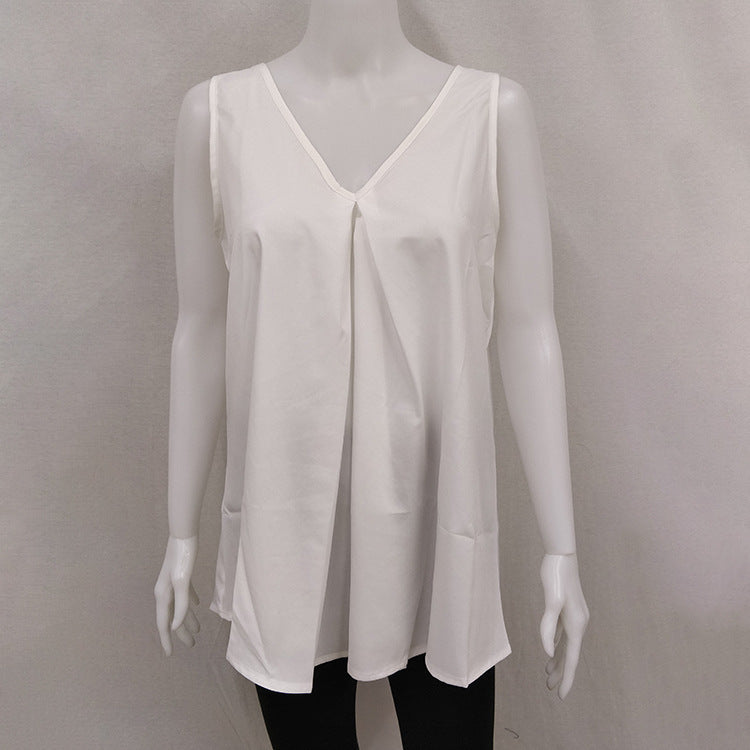 Summer Style Hem Loose Sleeveless Solid Color Top Chiffon Shirt