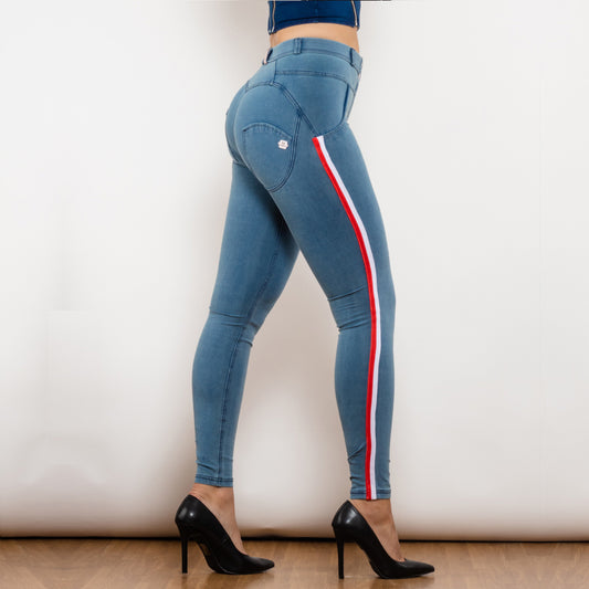 Shascullfites Melody Side Striped Middle Waist Skinny Jeans Bum Lift Leggings Woman Sexy Push Up Jeans Denim Pencil Pants