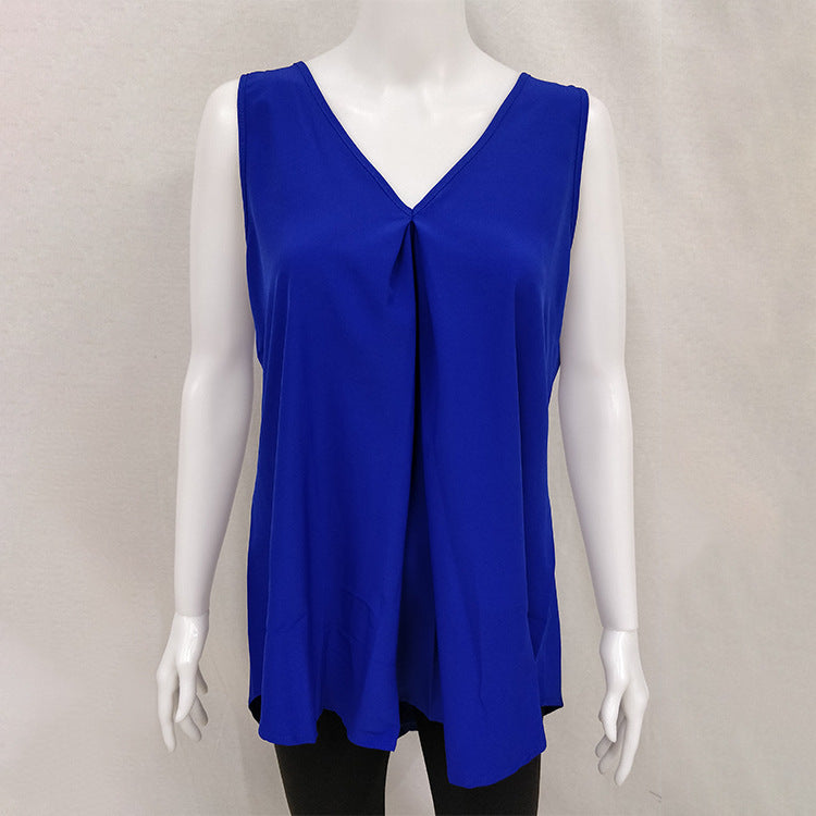 Summer Style Hem Loose Sleeveless Solid Color Top Chiffon Shirt