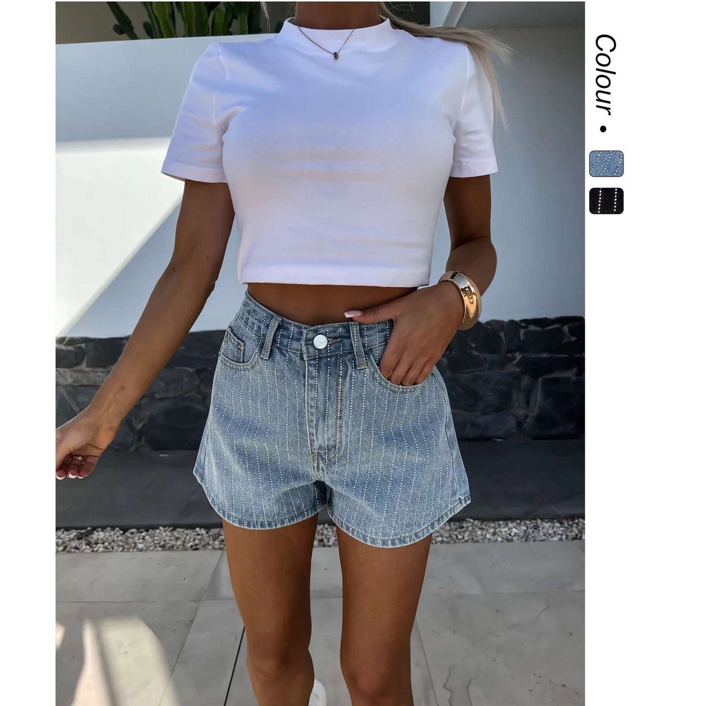 Street Rhinestone Women's Straight Denim Shorts - globaltradeleader