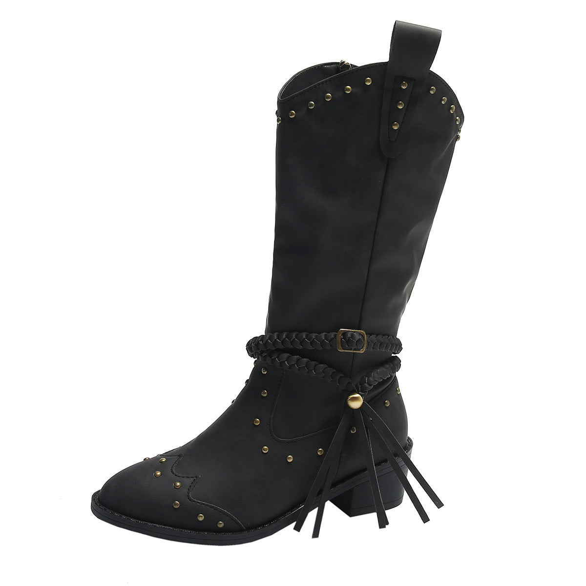 Retro Tassel Boots With Braided Rope Strap Buckle Design Shoes Winter Footwear New Mid-calf Knight Western Boots For Women - globaltradeleader