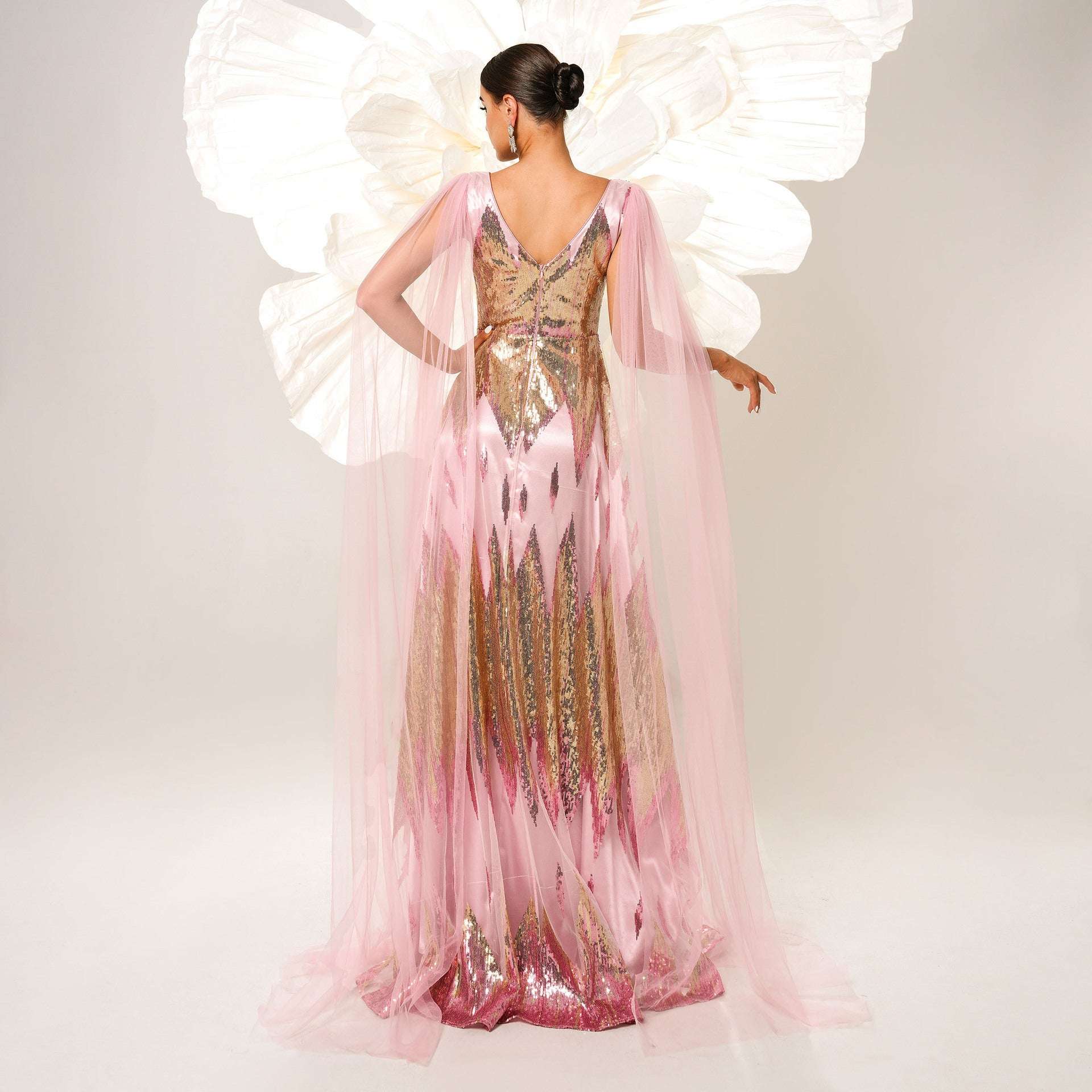 Mesh Long Sleeve V-neck Sequins Large Swing Evening Dress - globaltradeleader