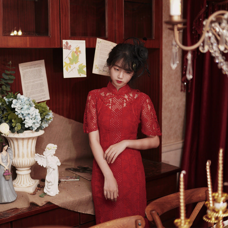 Chinese Style Red Lace Bridal Wedding Toast Dress