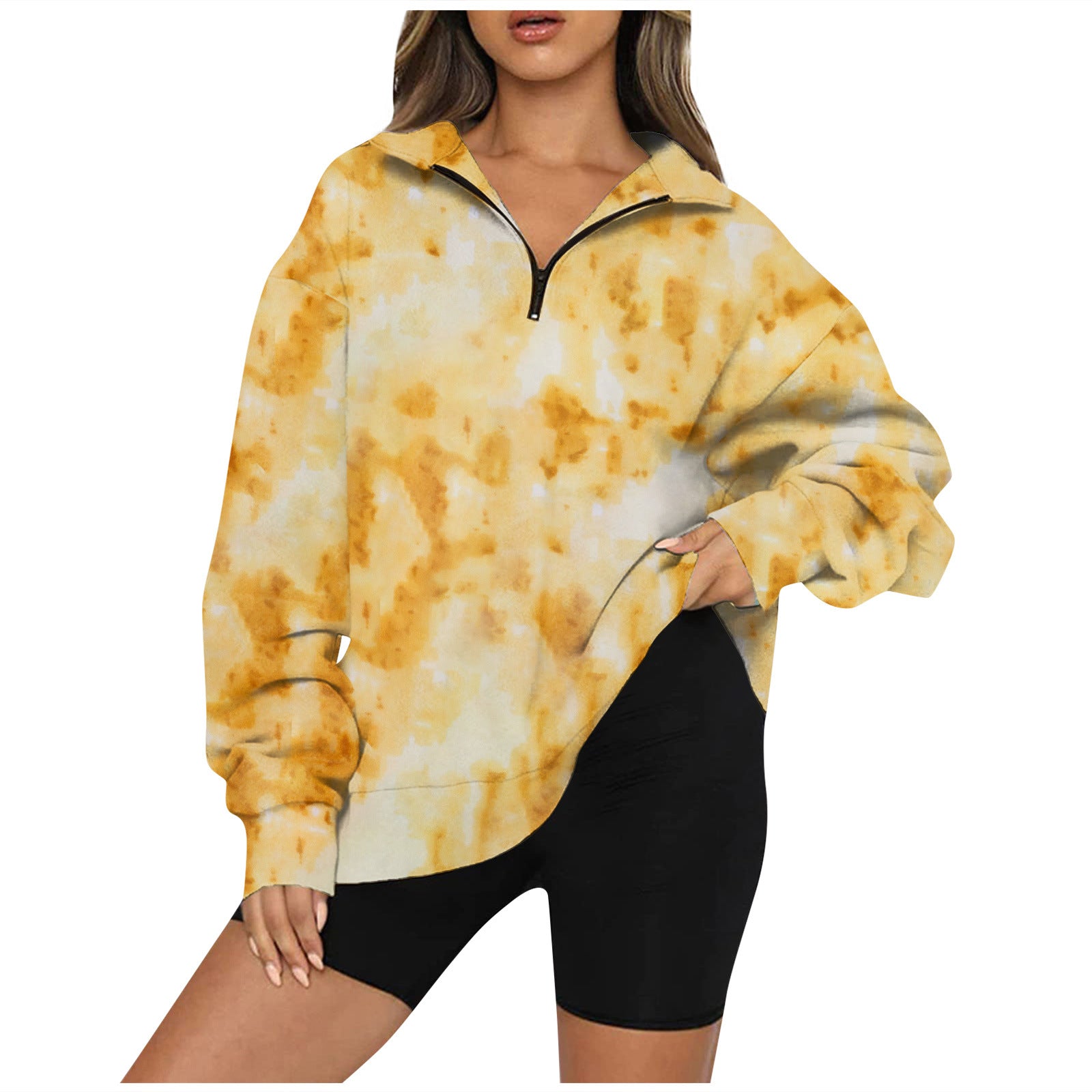 Tie Dye Printed Zippered Lapels Sweatshirt Womens Clothing Long Sleeve Loose Pocketless Top - globaltradeleader