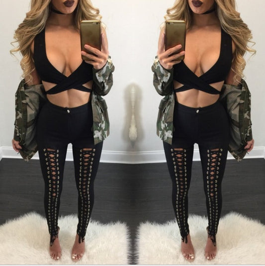 Sexy Solid Color Double-rowed Eyelet Slim Leggings - globaltradeleader