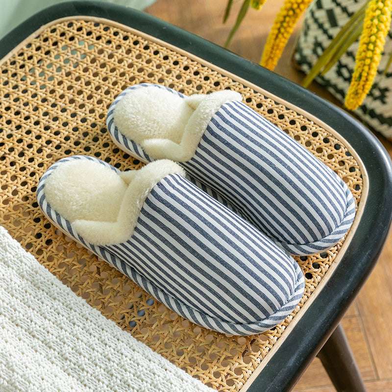 Fashion Striped Printed Slippers For Women Autumn And Winter Warm Non-slip Thick Sole House Shoes Men's Indoor Plush Shoes - globaltradeleader