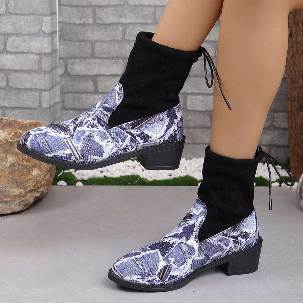 Serpentine Print Sock Boots Women Fashion Square Chunky Heels Cowboy Boots Autumn And Winter Back Lace-up Round Toe Shoes - globaltradeleader