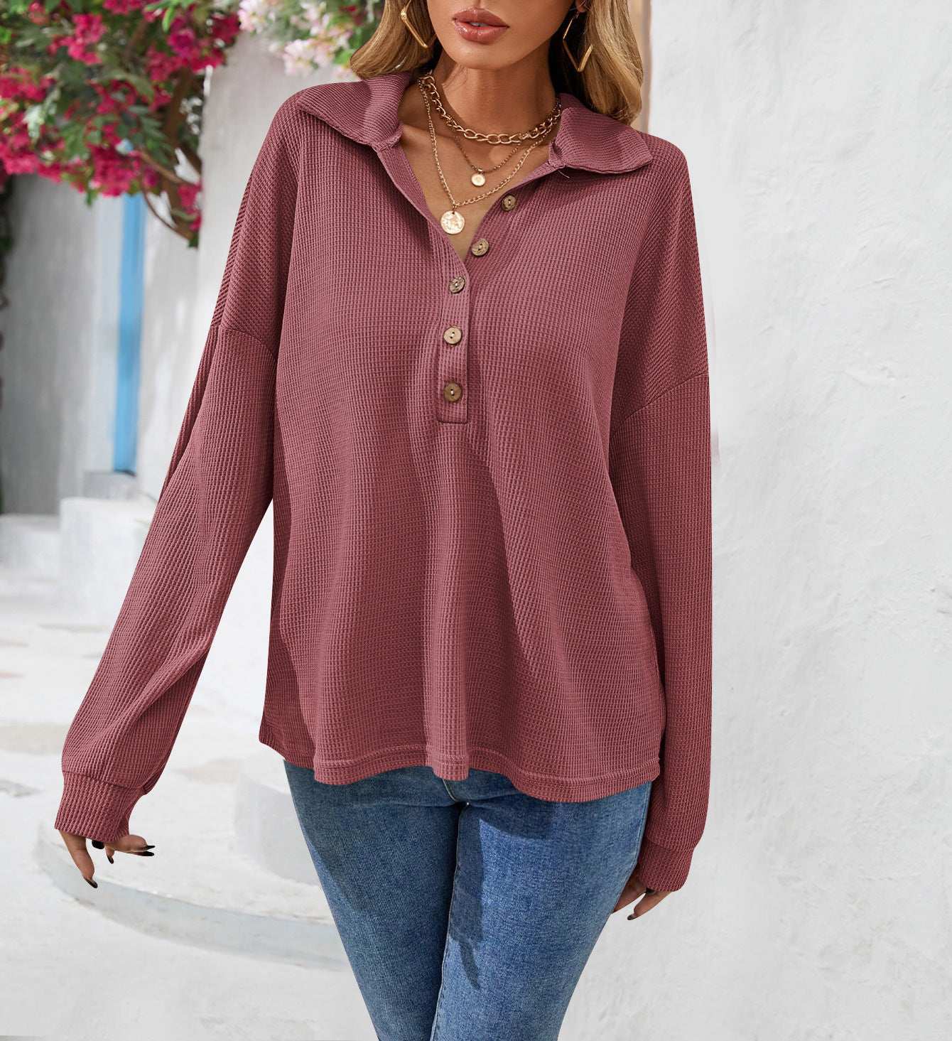 Fashion Lapel Button Sweatshirt Casual Loose Solid Color Long Sleeve Pullover T-shirt Top Womens Clothing - globaltradeleader