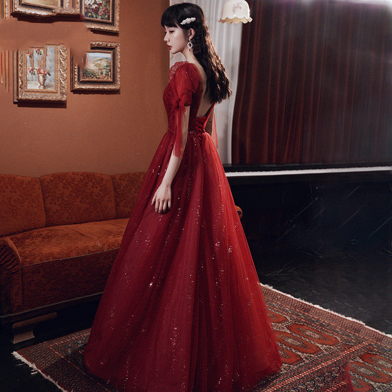 Female Wine Red Banquet Temperament Dress - globaltradeleader