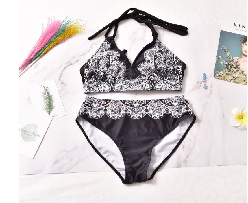 Printed Swimsuit Retro Bikini With Back Straps - globaltradeleader