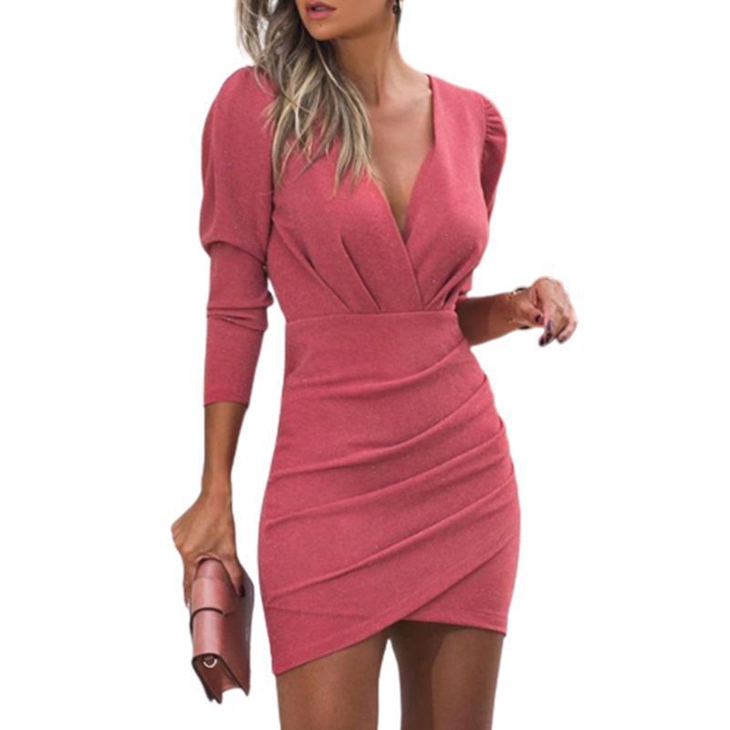 Waist Solid Color V-Neck Long-Sleeved Tight Skirt - globaltradeleader