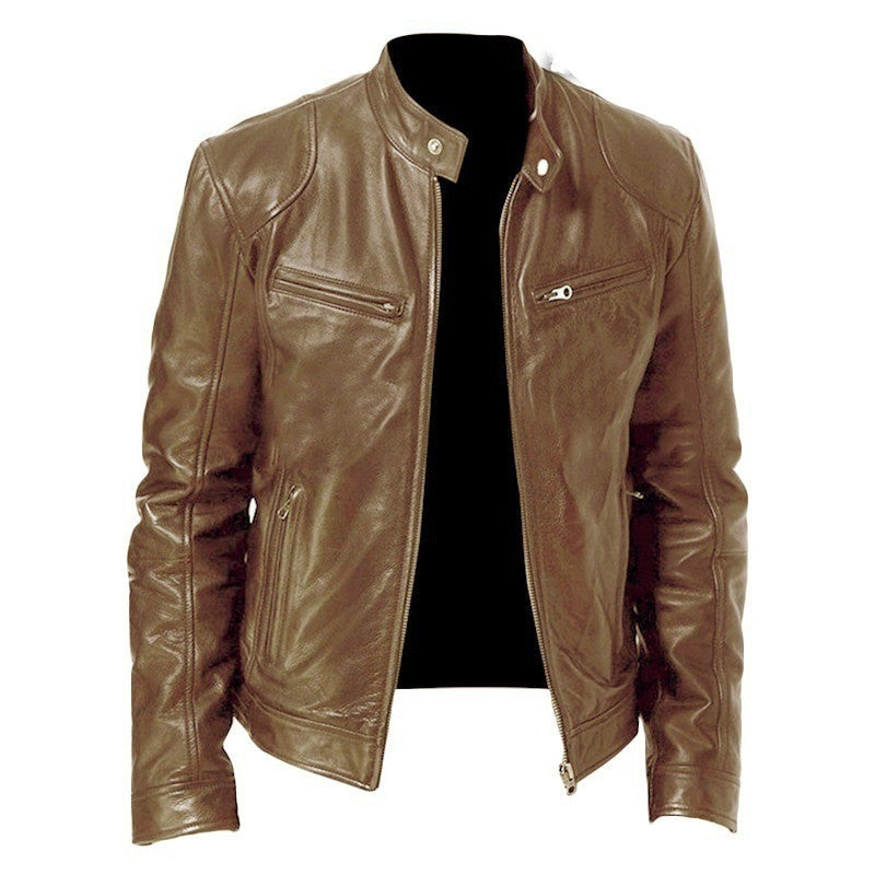 Men's Zip Cardigan PU Leather Jacket With Stand Collar - globaltradeleader