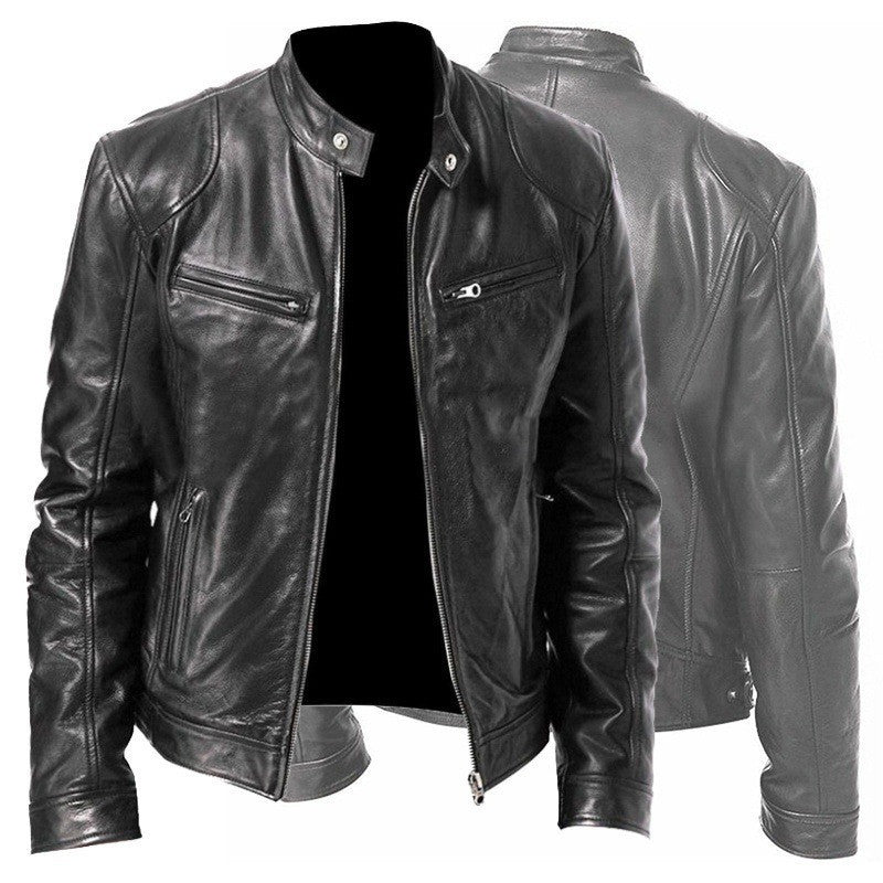 Men's Zip Cardigan PU Leather Jacket With Stand Collar - globaltradeleader