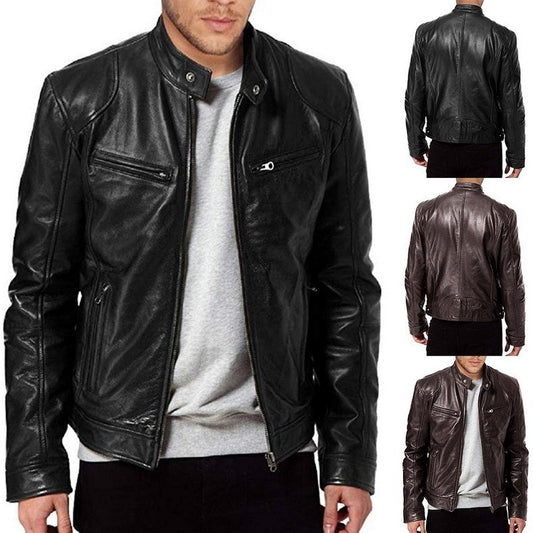 Men's Zip Cardigan PU Leather Jacket With Stand Collar - globaltradeleader