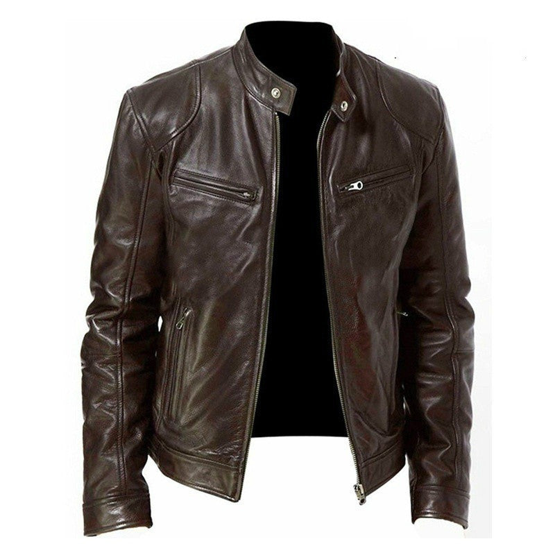 Men's Zip Cardigan PU Leather Jacket With Stand Collar - globaltradeleader