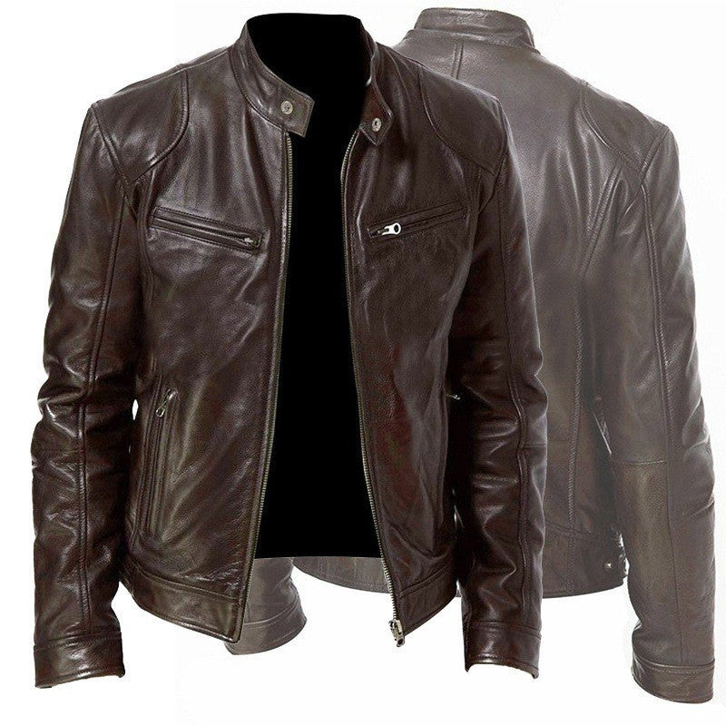 Men's Zip Cardigan PU Leather Jacket With Stand Collar - globaltradeleader