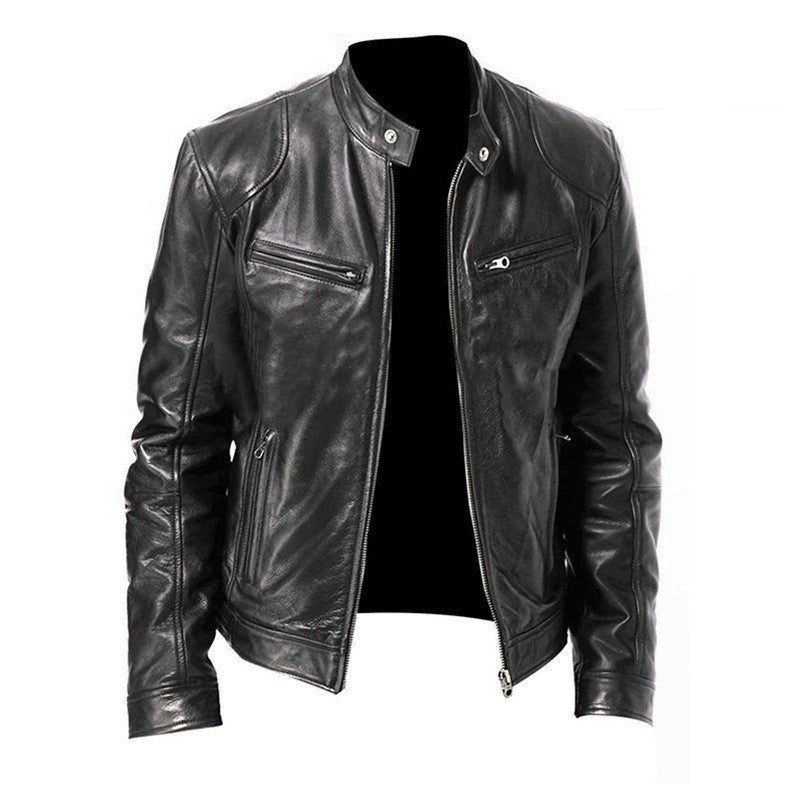 Men's Zip Cardigan PU Leather Jacket With Stand Collar - globaltradeleader