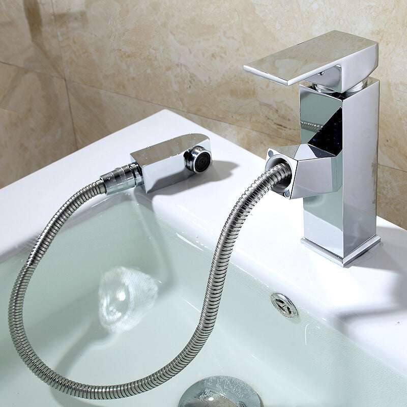 Pull Out Hot And Cold Basin Faucet Bathroom Kitchen Washbasin Telescopic Square Faucet - globaltradeleader