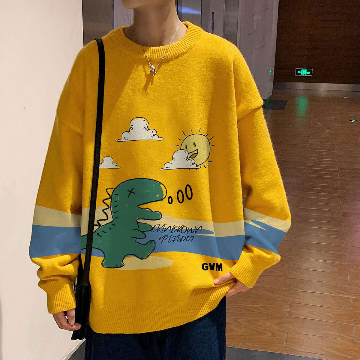 Dinosaur Print Crew Neck Sweater Men's Loose Large Size Lazy Style