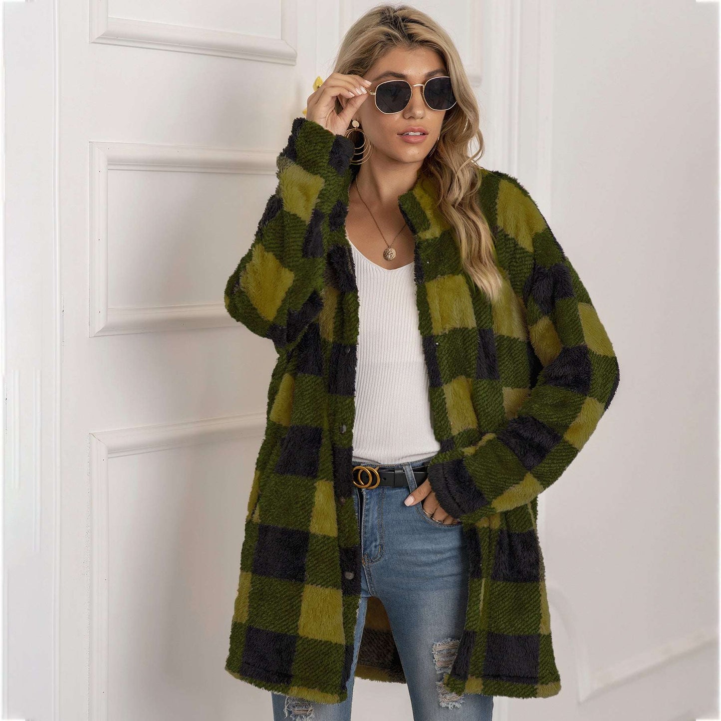 Colorblock Plaid Fleece Jacket Fashion Single Breasted Long Jacket Women's Clothing - globaltradeleader