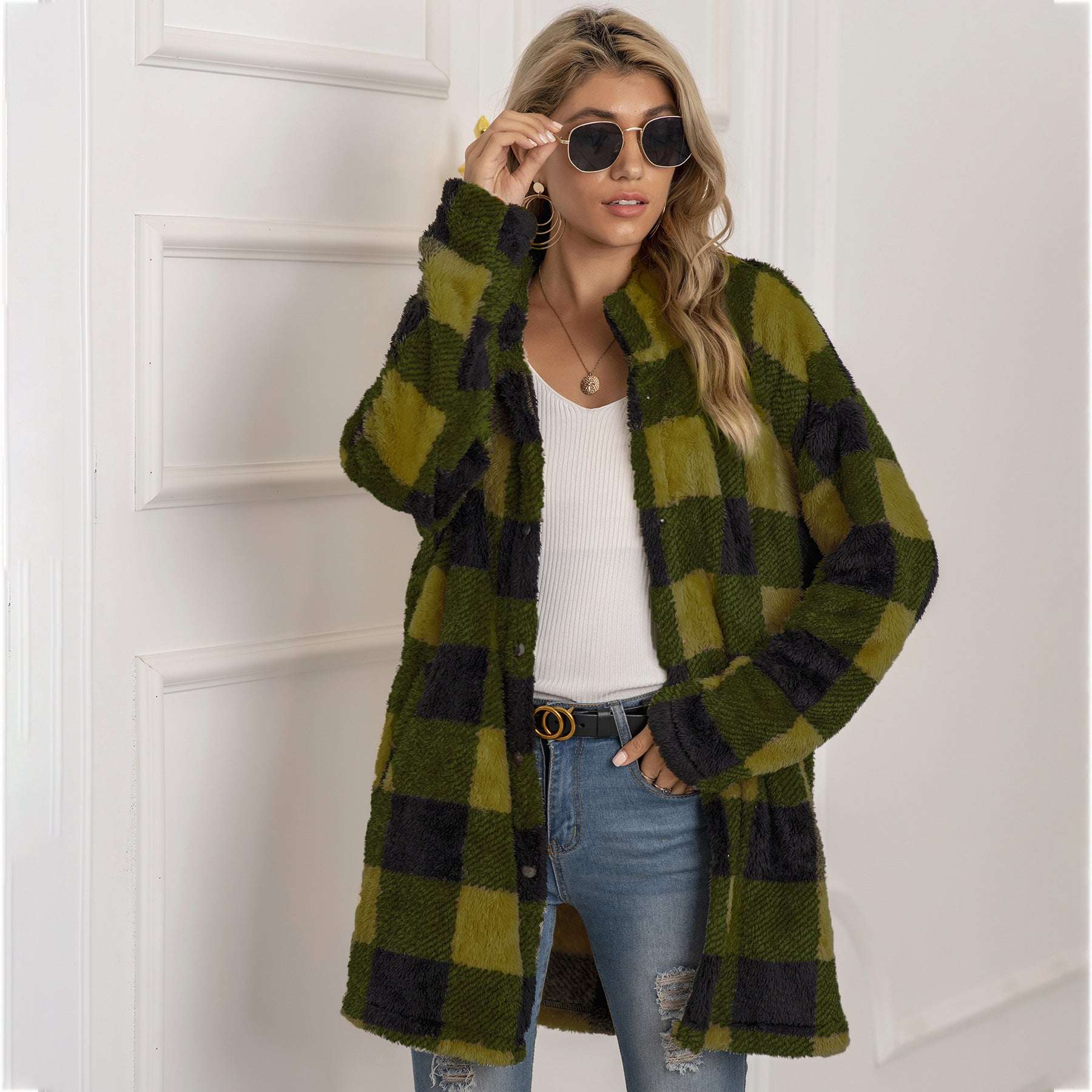 Colorblock Plaid Fleece Jacket Fashion Single Breasted Long Jacket Women's Clothing - globaltradeleader