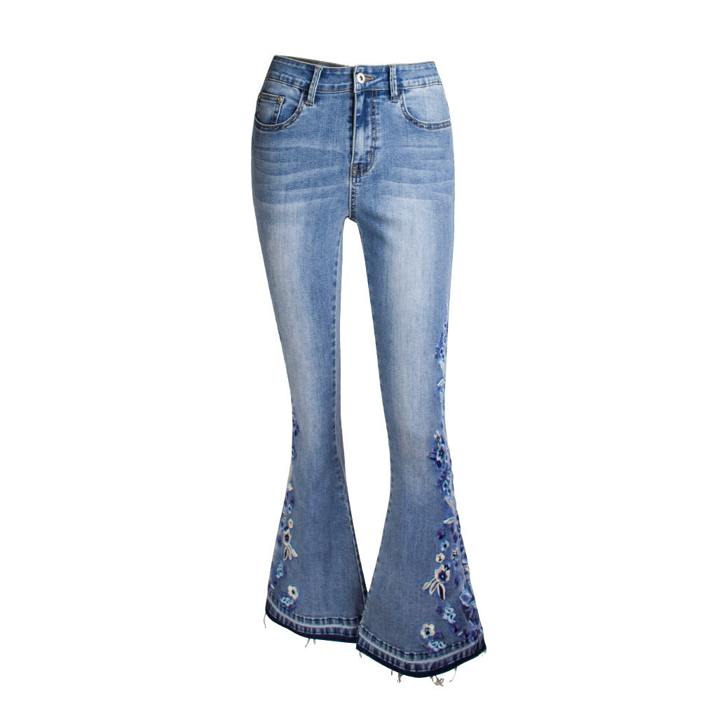 Denim Embroidered Women's Trousers, Wide-Leg Washed Flared Jeans, Plus Size Trousers - globaltradeleader