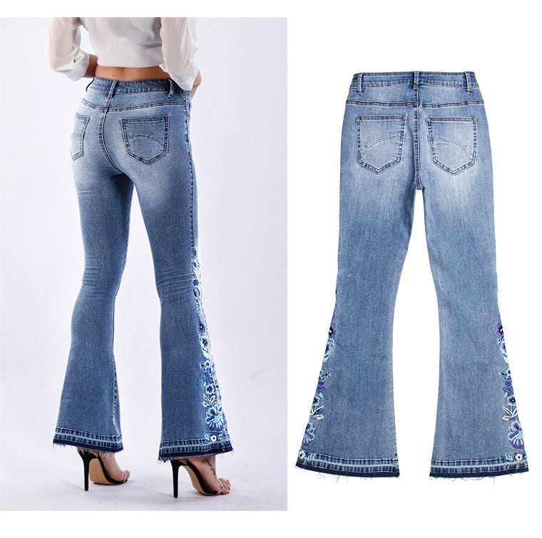 Denim Embroidered Women's Trousers, Wide-Leg Washed Flared Jeans, Plus Size Trousers - globaltradeleader