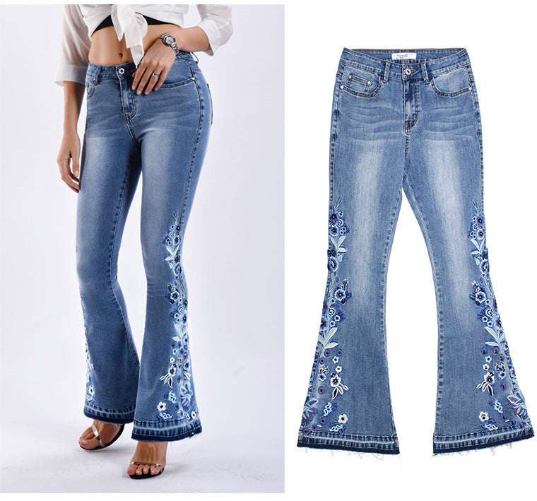 Denim Embroidered Women's Trousers, Wide-Leg Washed Flared Jeans, Plus Size Trousers - globaltradeleader