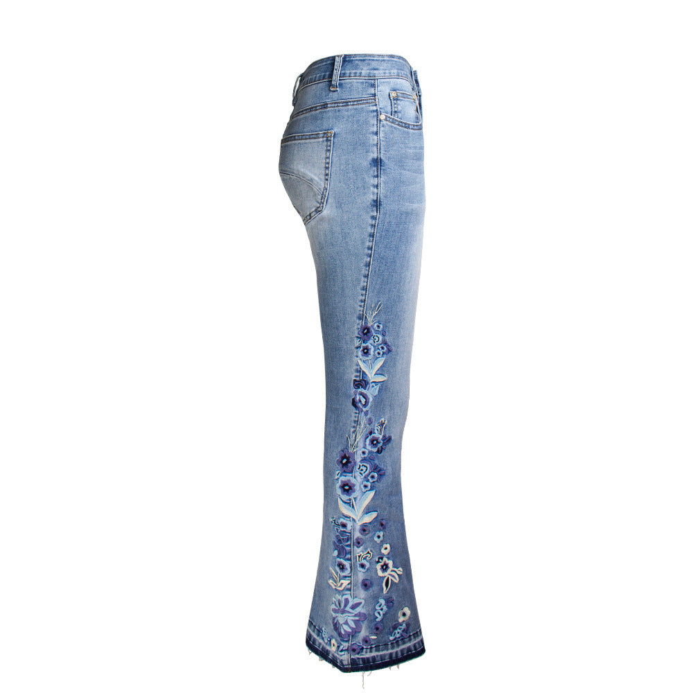 Denim Embroidered Women's Trousers, Wide-Leg Washed Flared Jeans, Plus Size Trousers - globaltradeleader