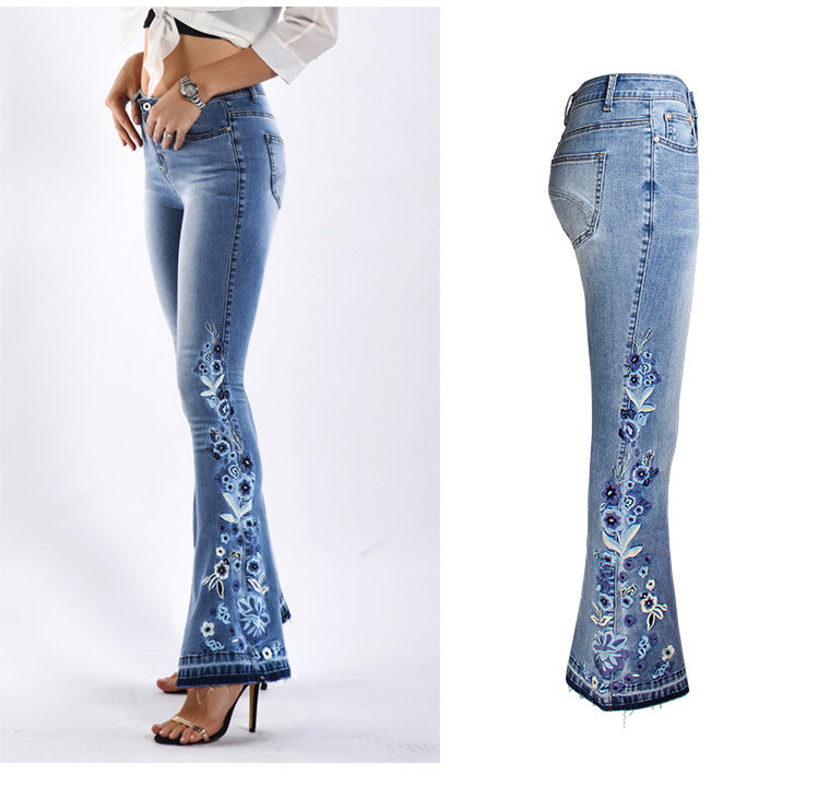 Denim Embroidered Women's Trousers, Wide-Leg Washed Flared Jeans, Plus Size Trousers - globaltradeleader