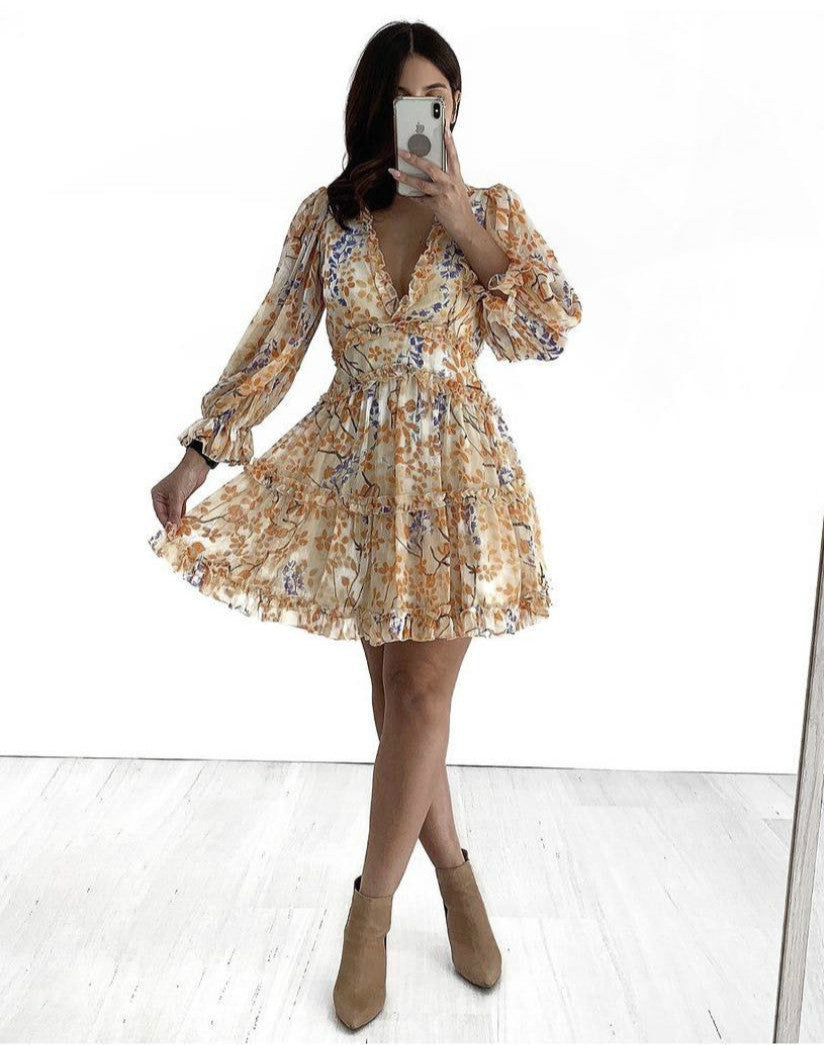 European And American Print Collar Open Back Sexy Dress - globaltradeleader