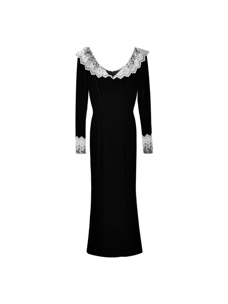 Autumn And Winter French Long-Sleeved Lace V-Neck Temperament Long Dress - globaltradeleader