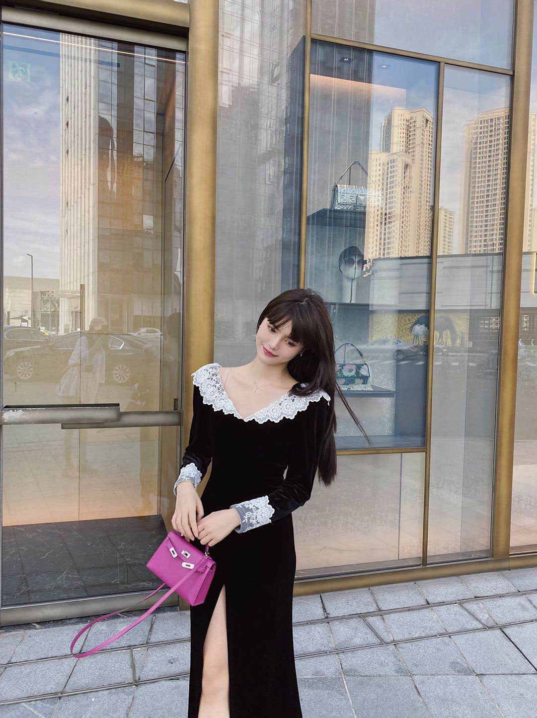 Autumn And Winter French Long-Sleeved Lace V-Neck Temperament Long Dress - globaltradeleader