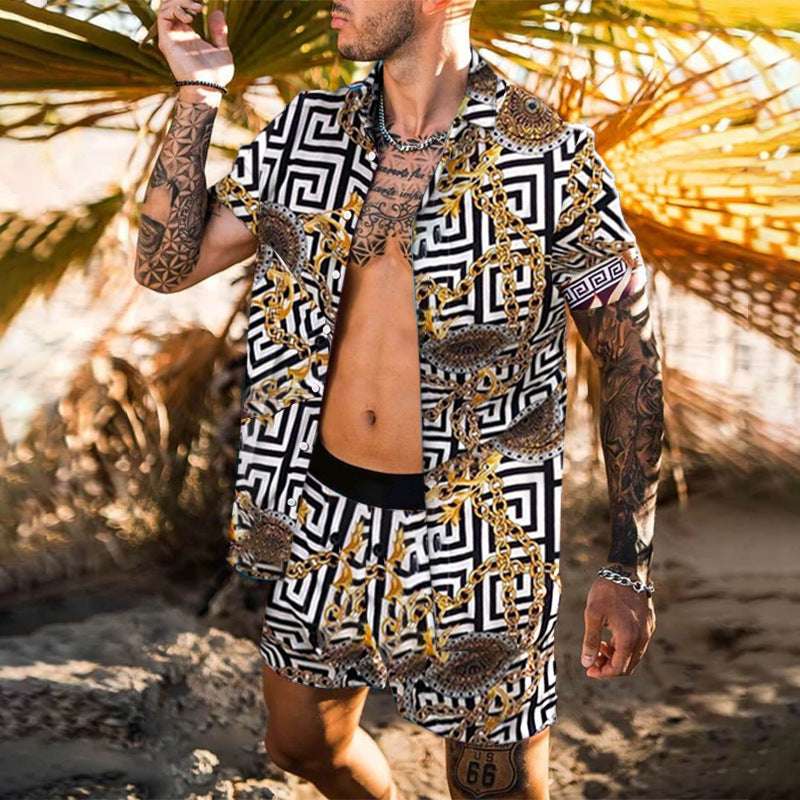 Summer Men Hawaiian Sets Printed Breathable Lapel Short Sleeve Shirtelastic Waist Beach Shorts Streetwear Casual Men Sets 2 Piec - globaltradeleader