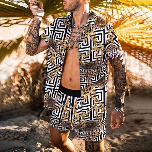 Summer Men Hawaiian Sets Printed Breathable Lapel Short Sleeve Shirtelastic Waist Beach Shorts Streetwear Casual Men Sets 2 Piec - globaltradeleader