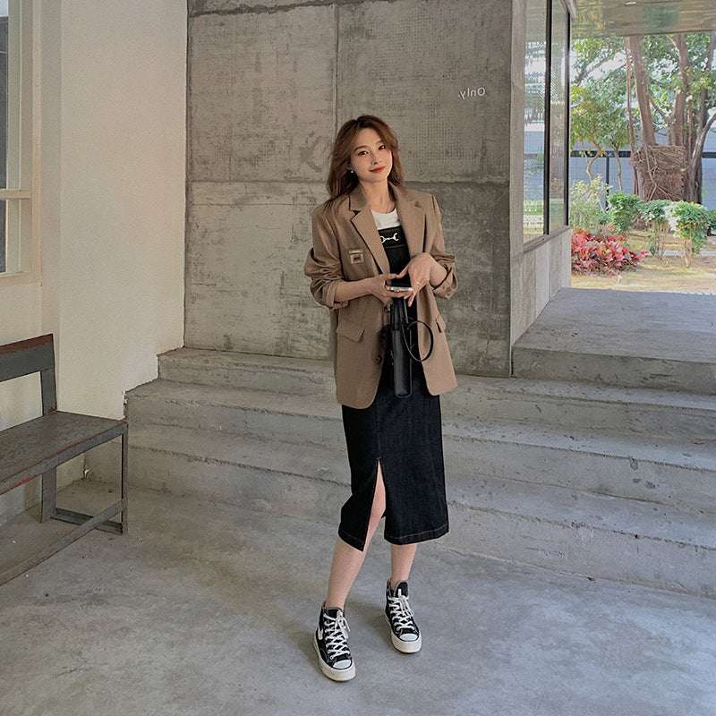 Mid-length Waist Slimming Denim Suspender Skirt Split Sling Dress Women - globaltradeleader