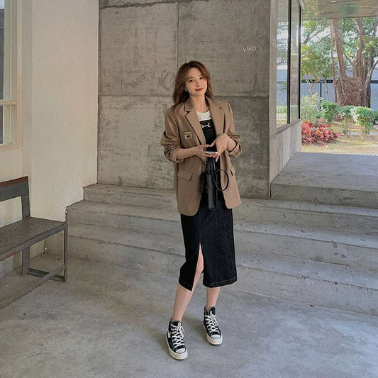 Mid-length Waist Slimming Denim Suspender Skirt Split Sling Dress Women - globaltradeleader