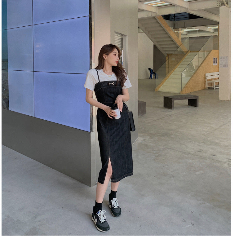 Mid-length Waist Slimming Denim Suspender Skirt Split Sling Dress Women - globaltradeleader
